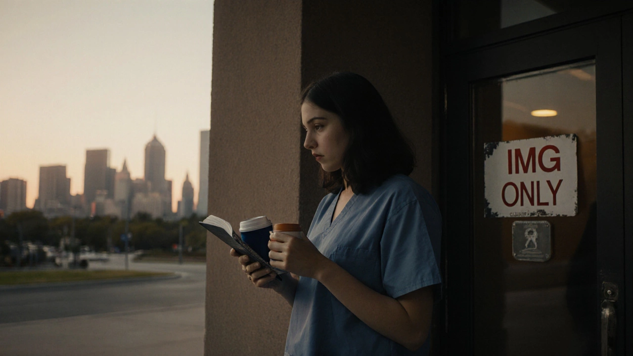 Medical intern in Texas holding study materials outside a hospital at dawn, symbolizing the struggle of international graduates.