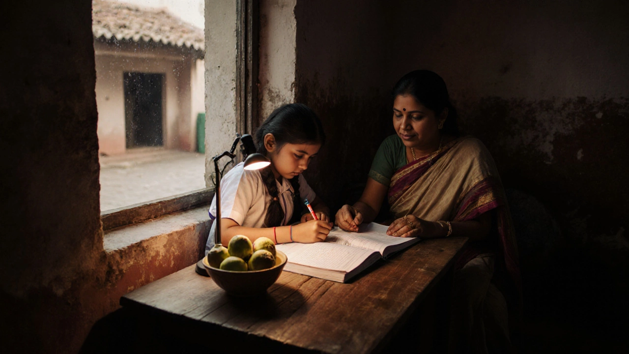 Rural Indian girl studying with mother, state board books on wooden table under lamplight.