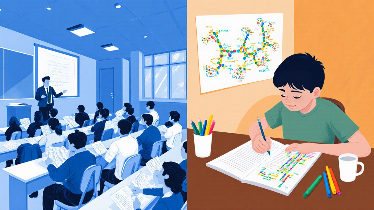 Split scene: crowded coaching class vs. solitary student deeply engaging with NCERT.