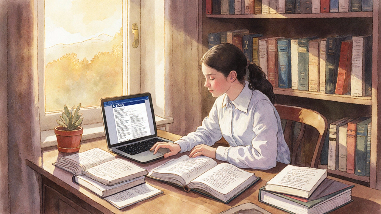 Student analyzing literature in a cozy study nook with ICSE books and essays.