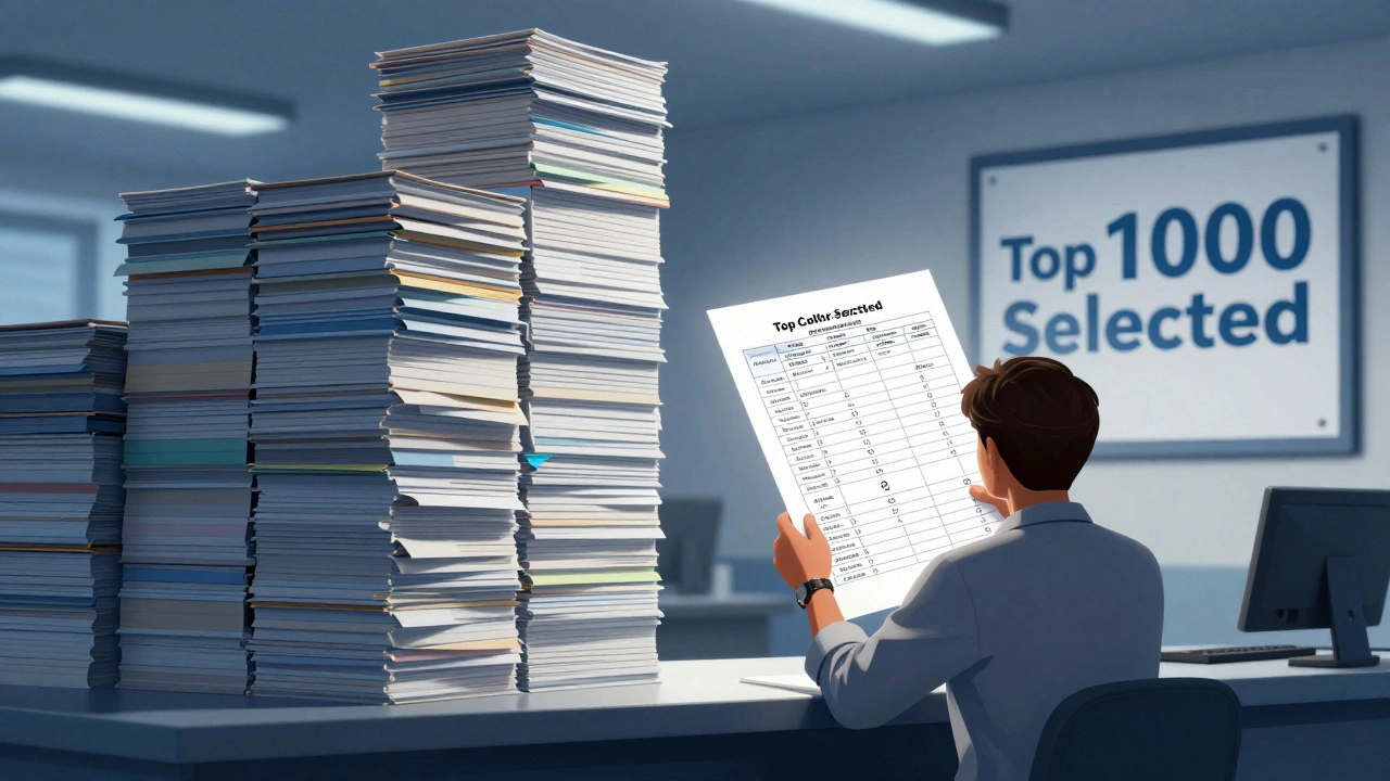 A candidate holds a high-ranking scorecard while towering stacks of applications loom behind them at a government office.