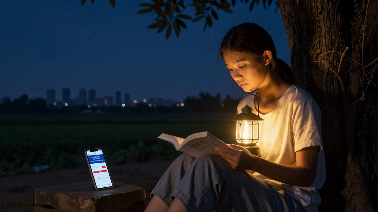 A rural student studies at night under a lantern, with a government exam page visible on her smartphone.