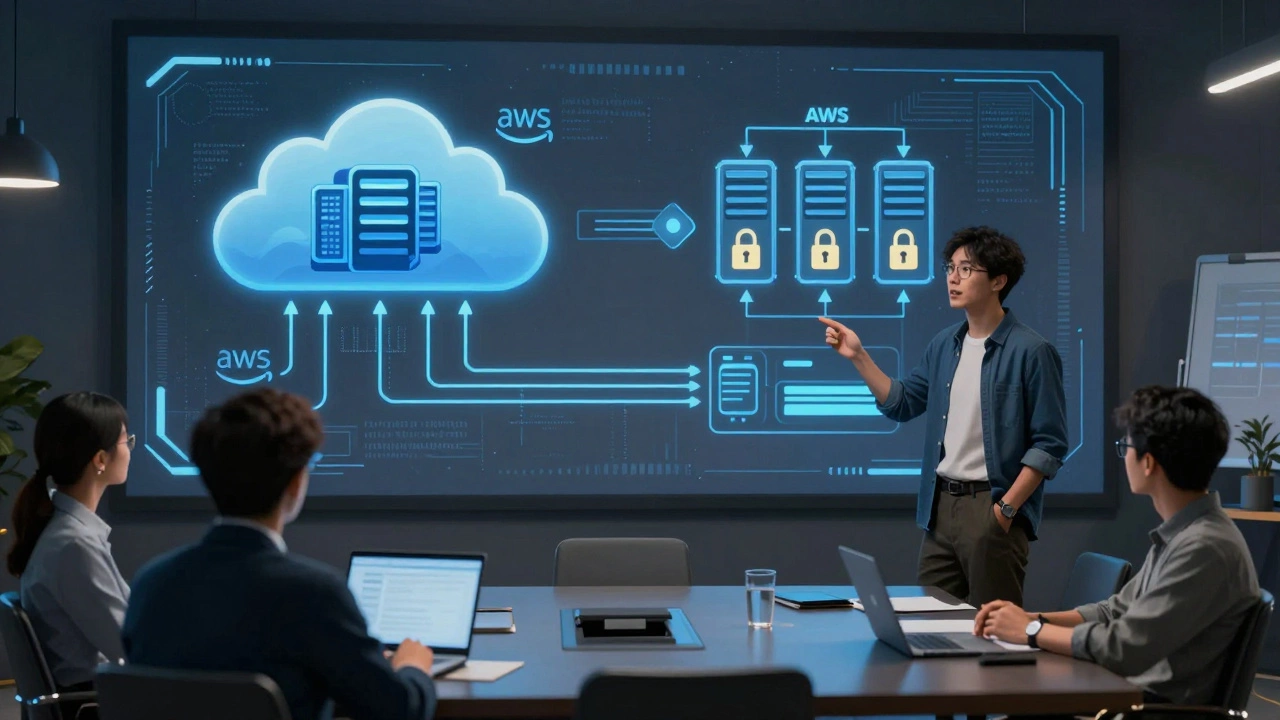 Cloud architecture diagram presented to a boardroom, with secure server systems in neon blue.