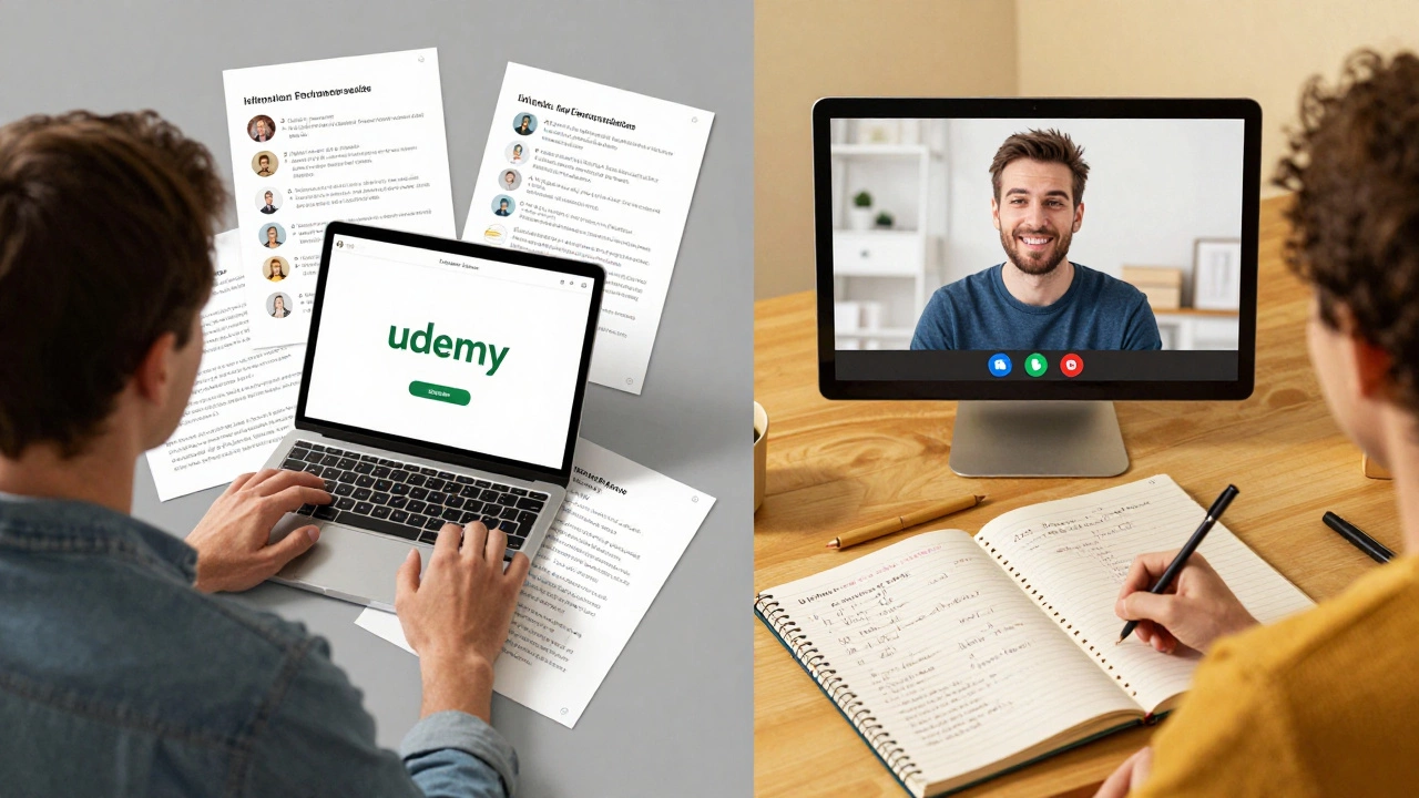 Contrasting scenes: isolated Udemy learner vs. active language tutor session.