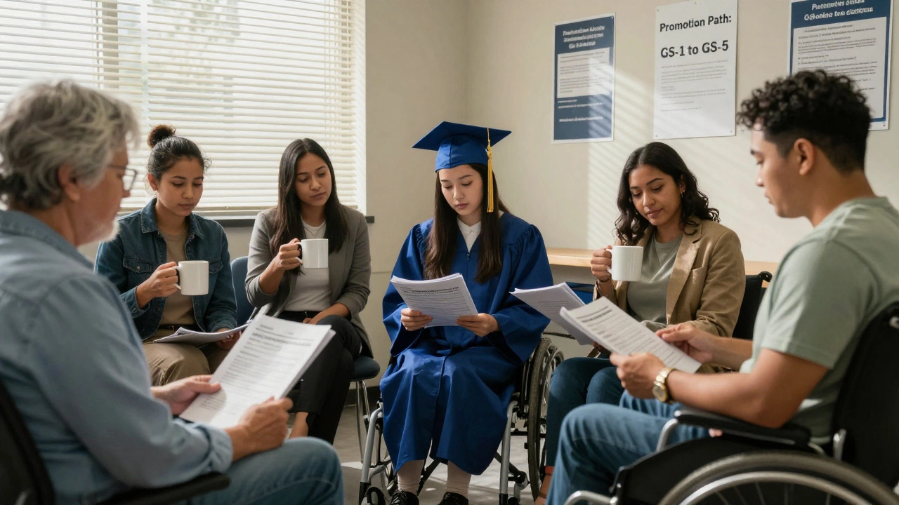 Diverse group of federal employees learning together in a break room.
