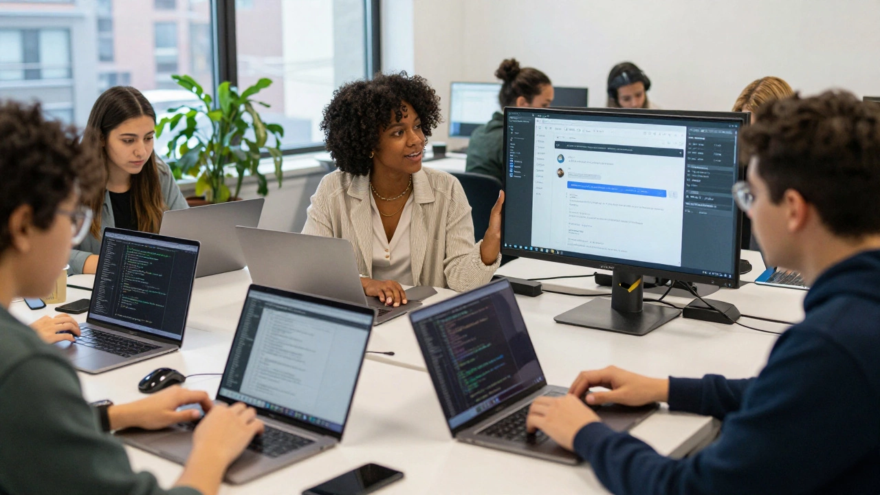 Diverse learners collaborating in a co-working space, building AI projects on laptops.