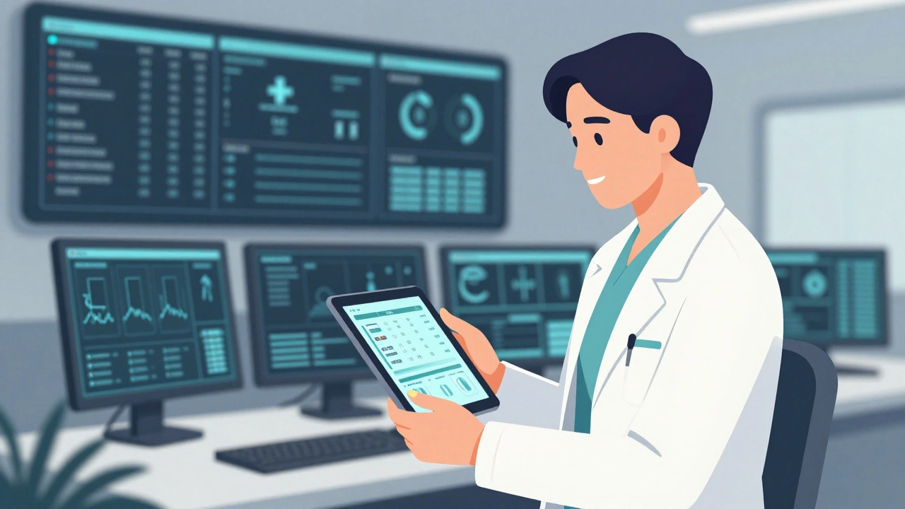 Healthcare manager using a tablet to monitor patient flow in a hospital control room.