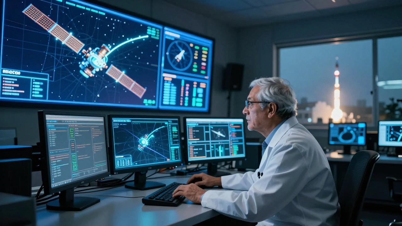 ISRO scientist monitoring satellite data in a high-tech control room