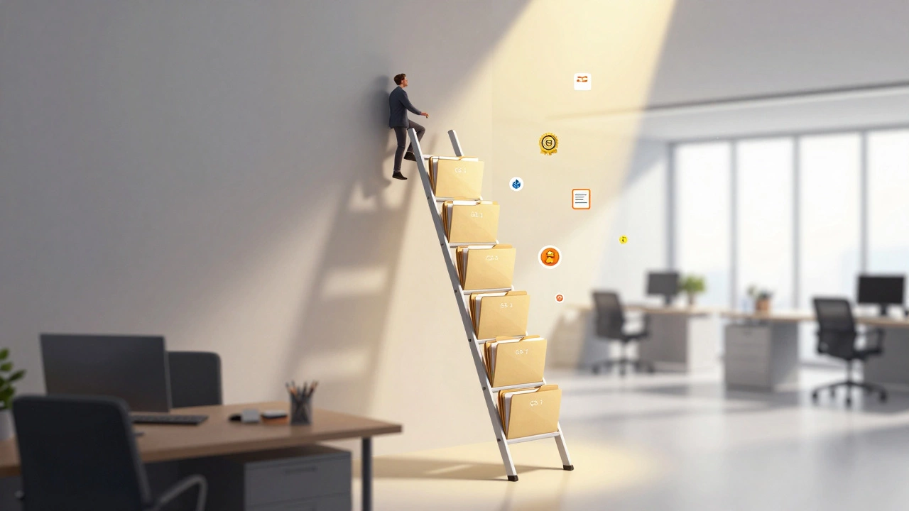 Ladder of file folders symbolizing career growth from GS-1 to GS-7.