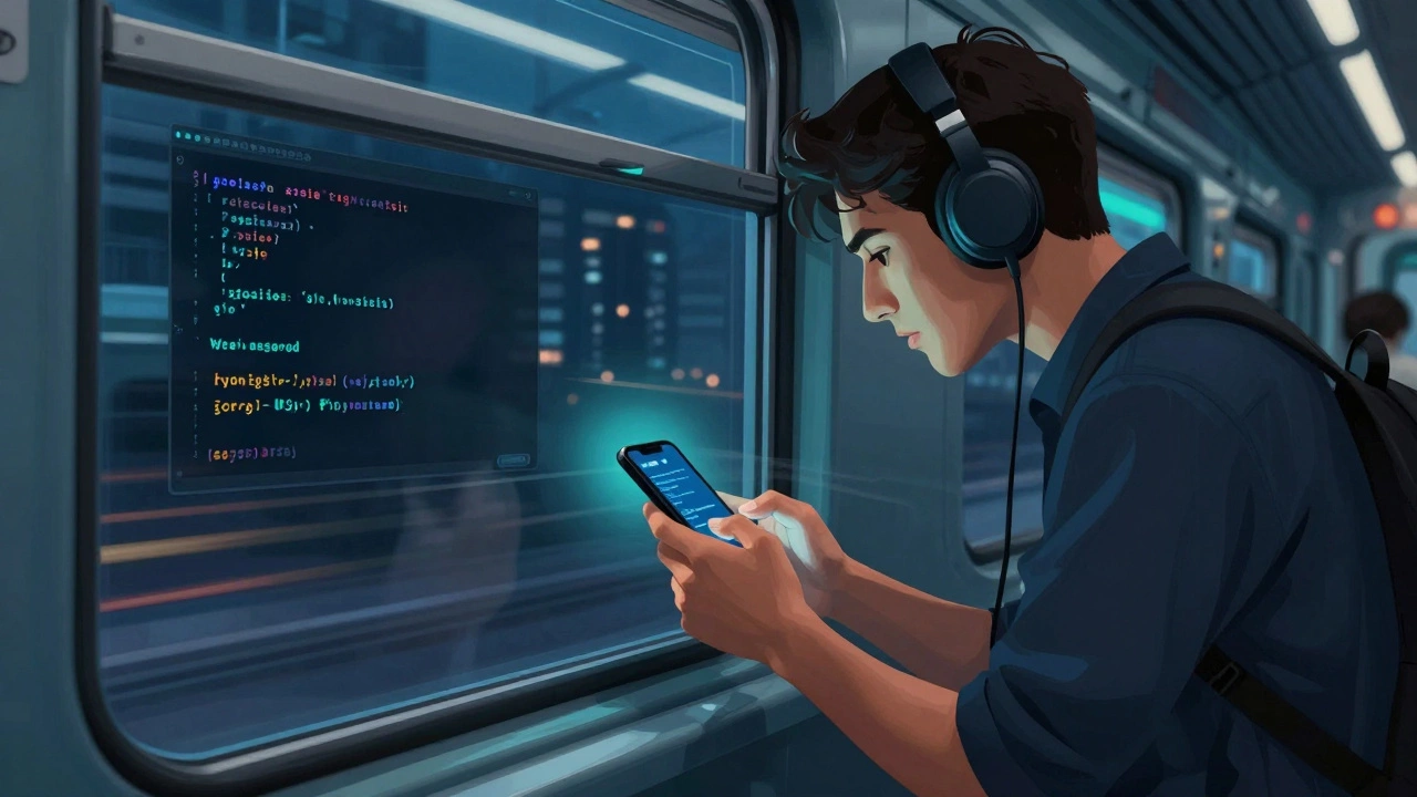Man learning to code on Codecademy during a train commute in a busy city.