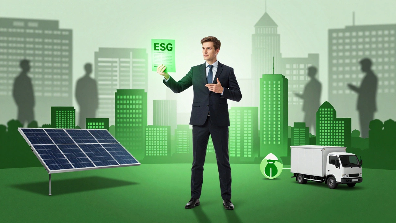 Sustainability leader standing in a green cityscape with ESG report and eco-friendly infrastructure.