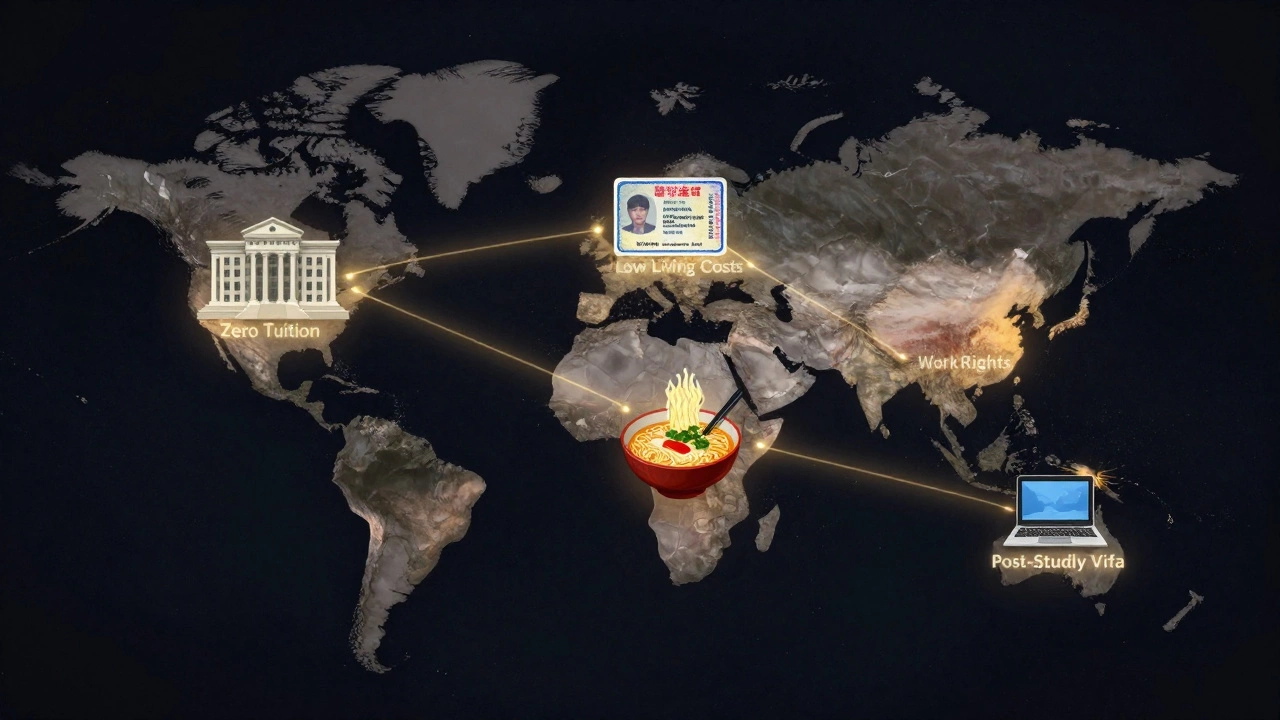 A global map with glowing connections between affordable study destinations and key benefits.