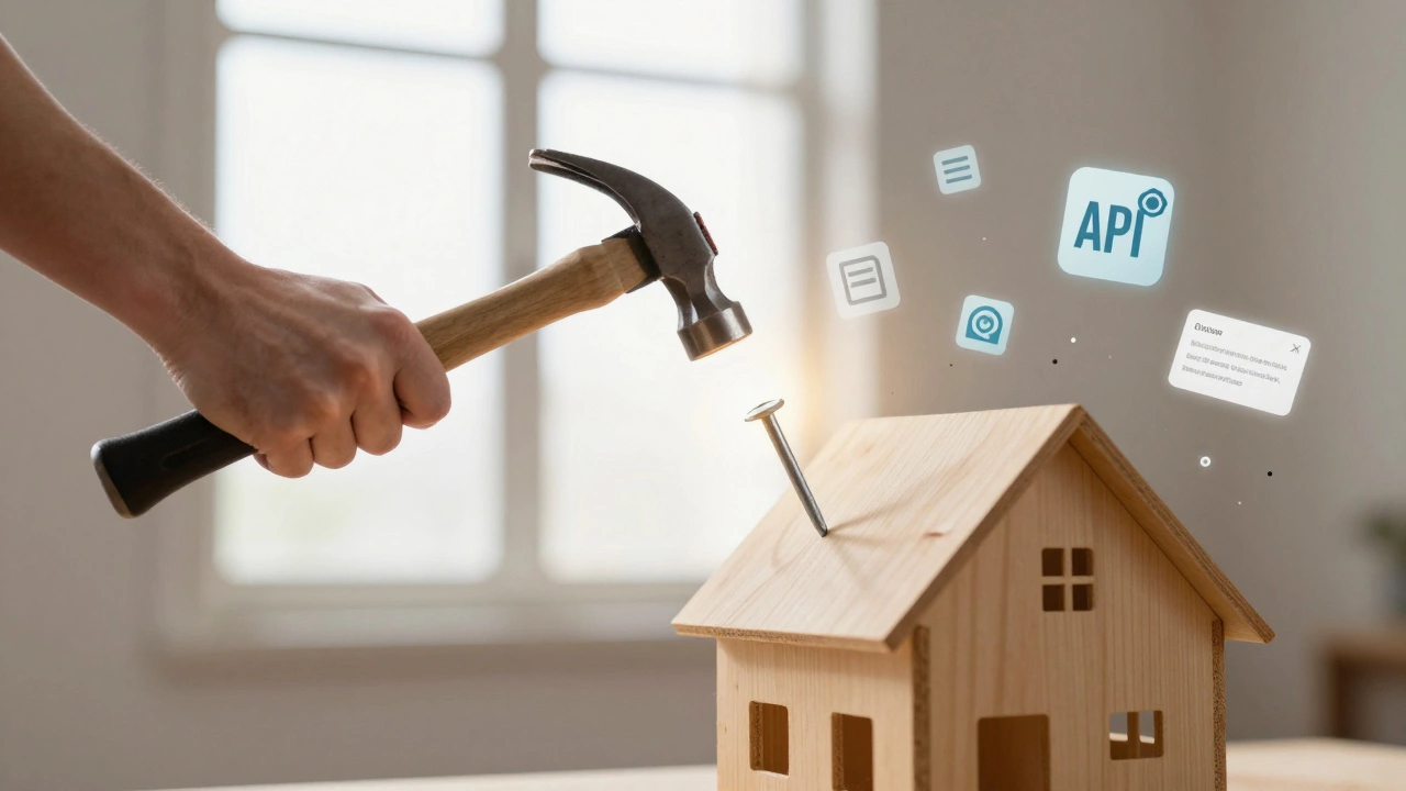 A hand hammering a nail into a house while floating tech icons drift around like debris.