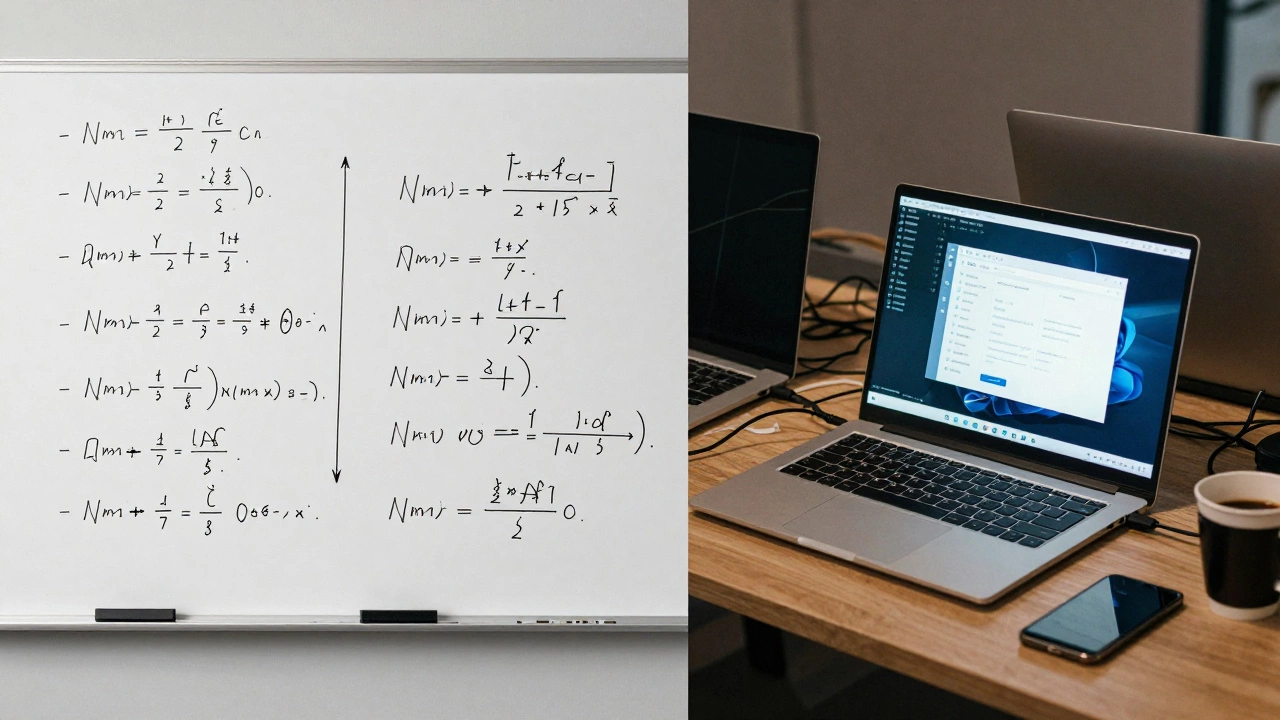 A split image showing clean math proofs on one side and messy coding workspace on the other.