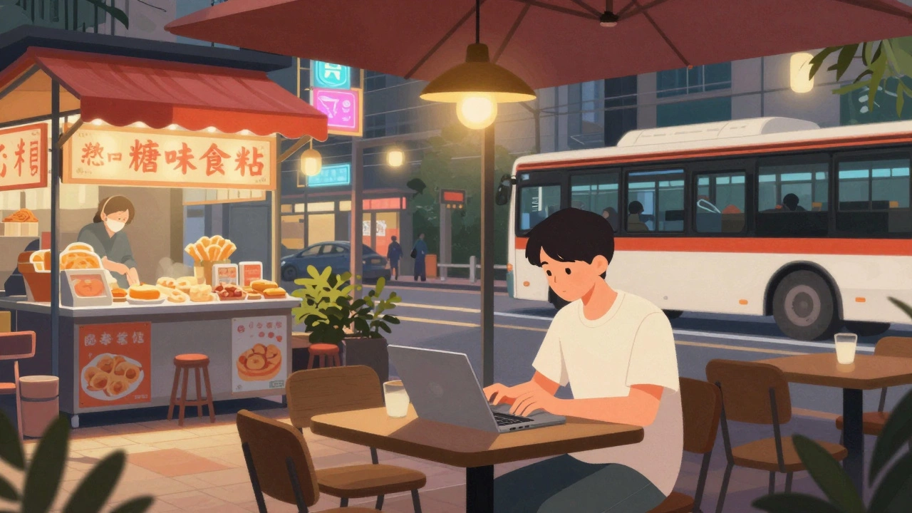 A student studying at an outdoor cafe in Taipei with street food and neon signs in the background.