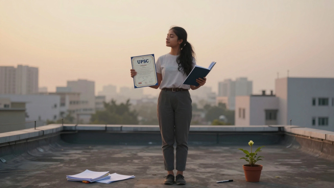 A young woman on a rooftop at sunrise holding a certificate and journal, surrounded by symbols of past struggle.