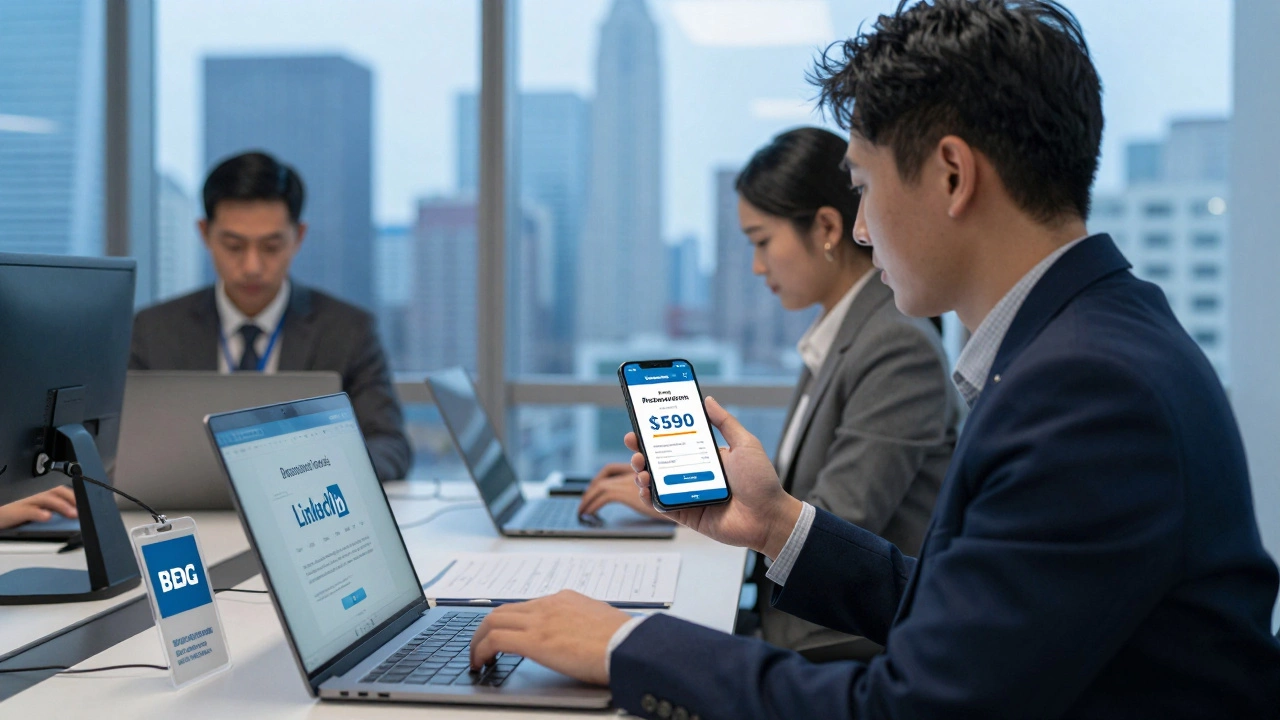 An employee celebrates a promotion after completing LinkedIn Learning courses in a modern office setting.