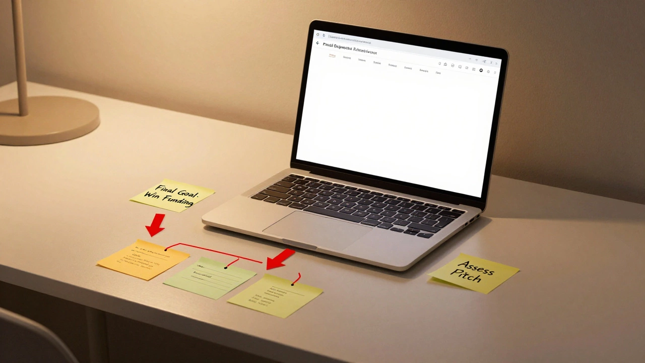 Desk with business proposal and sticky notes guiding lesson design toward a final goal.