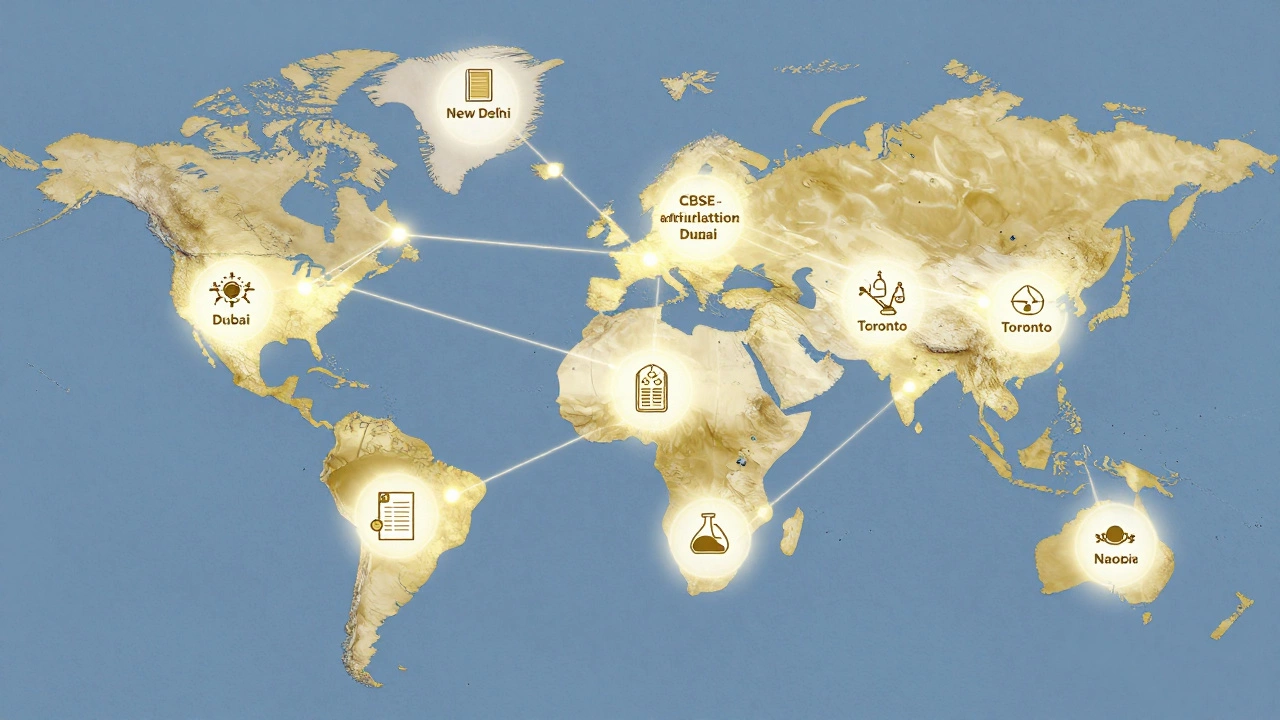 Global map showing CBSE-affiliated schools across India and international locations with educational icons.