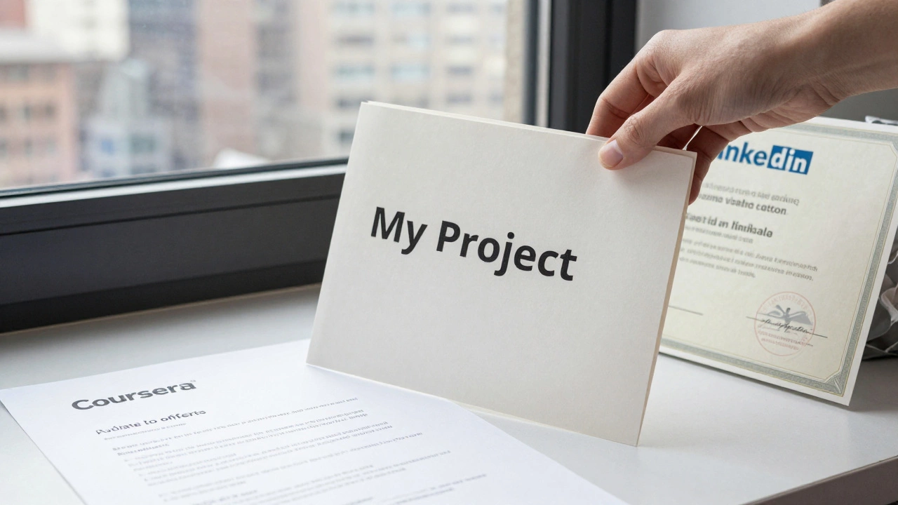 Hand placing a personal project portfolio on a desk while a free certificate is discarded.