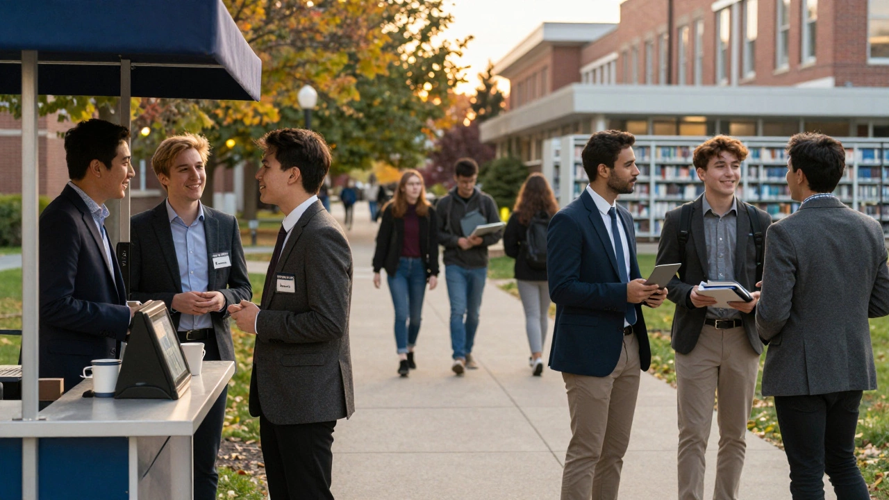MBA students networking on campus beside Master’s students heading to a research lab at golden hour.