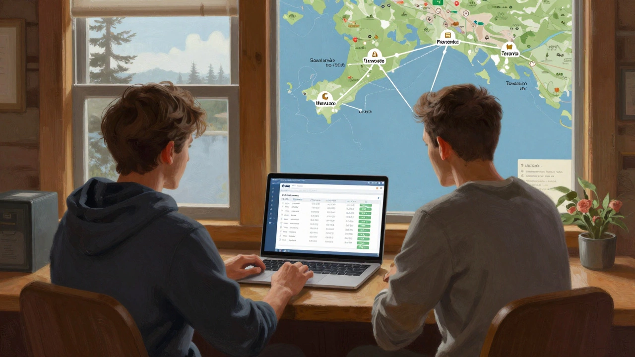 Remote developer in cabin with U.S. salary dashboard and map linking Canadian city to global tech hubs.