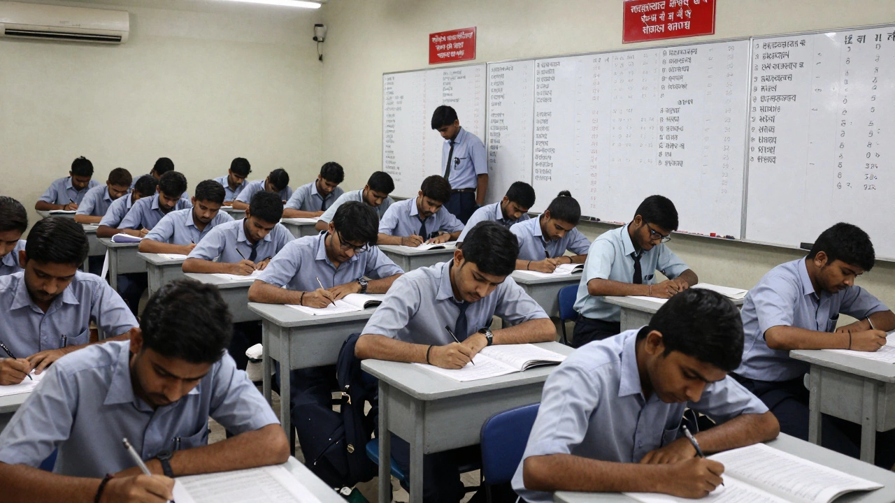 Students in a crowded coaching center classroom, focused on exams with a visible ranking board.