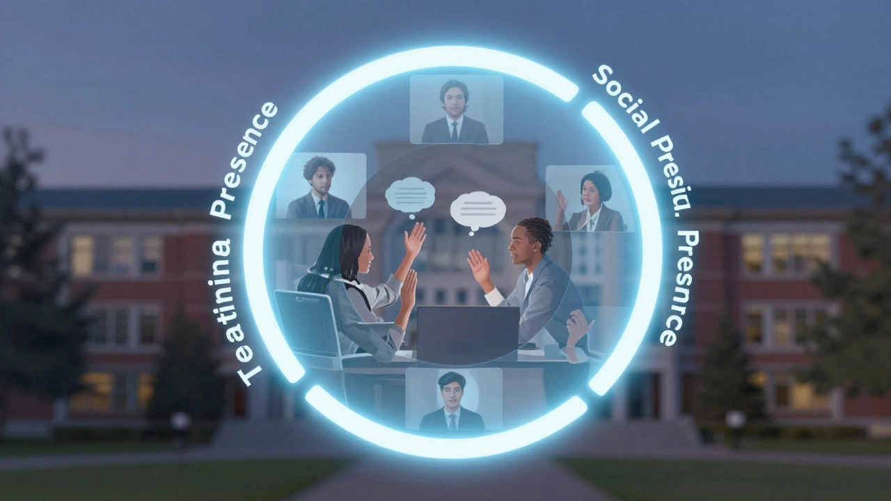 Three-part circle of online learning presence with learners conversing in a virtual space.