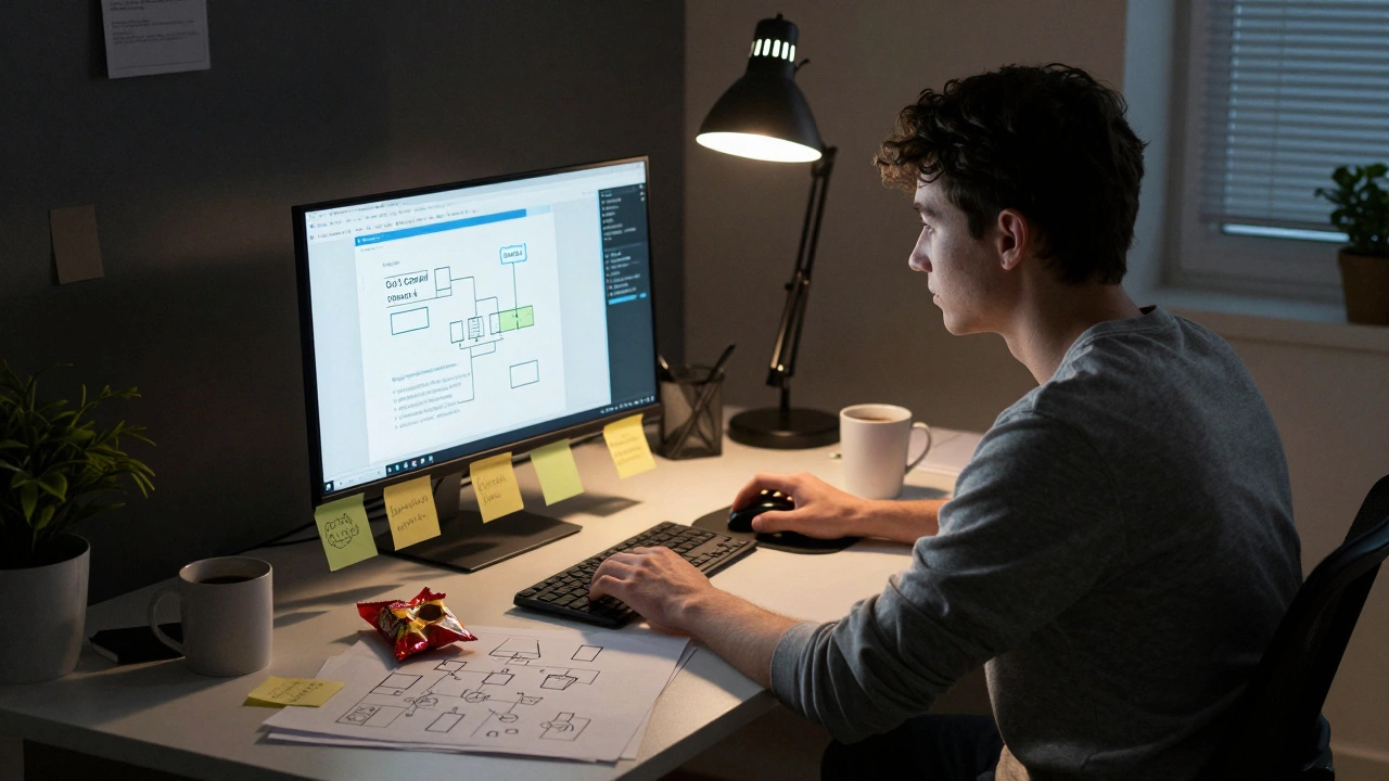 A developer surrounded by diagrams, open code repositories, and debug logs in a dimly lit room.