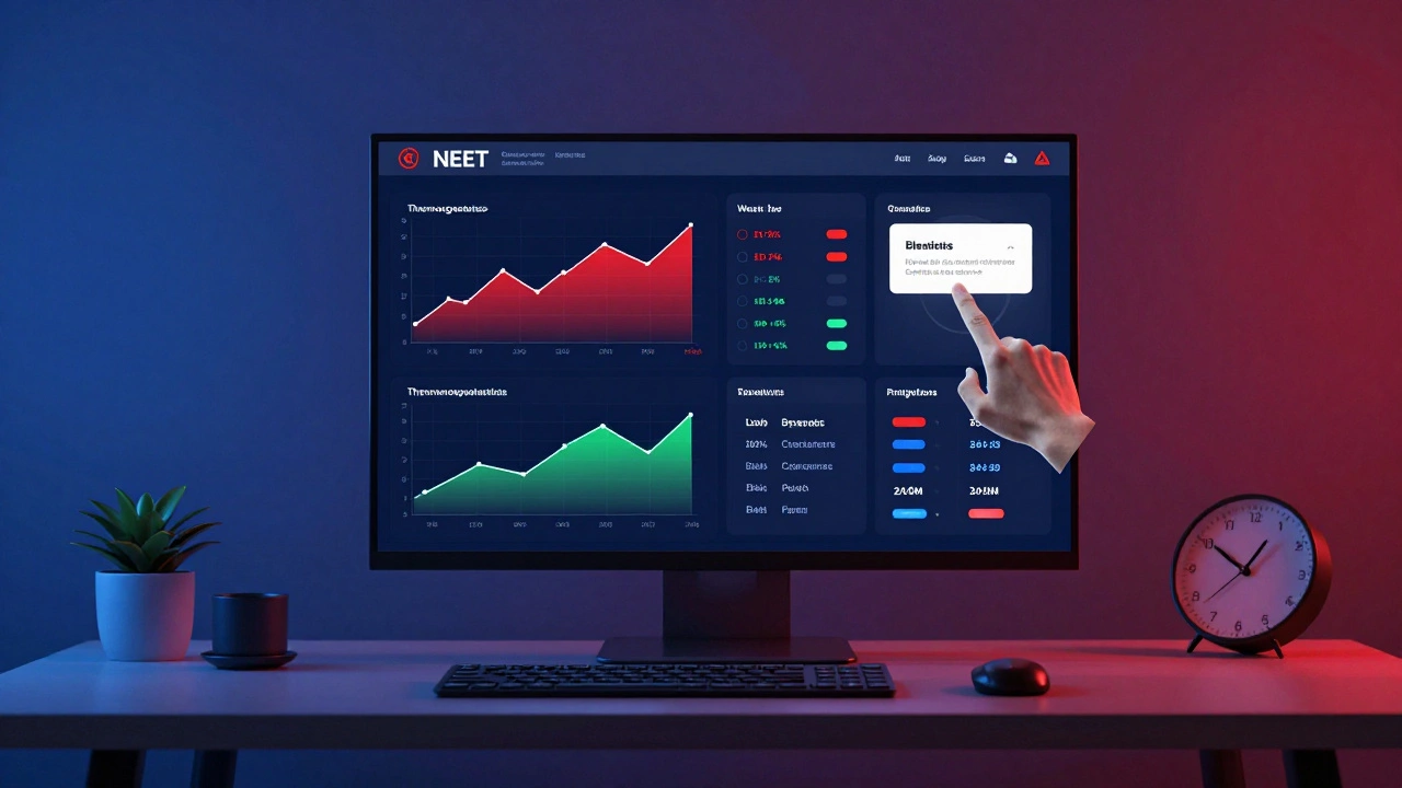 A digital dashboard showing personalized NEET performance analytics, highlighting weak and strong topics.
