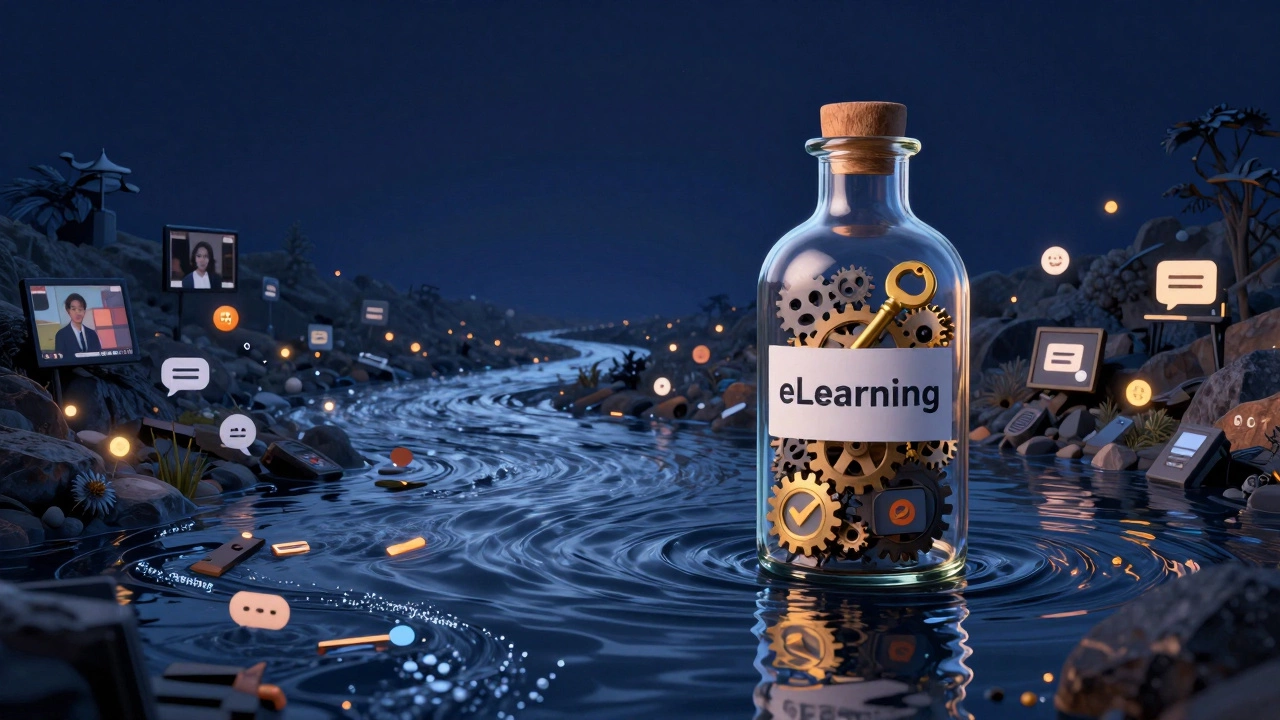 A glass bottle of structured eLearning beside a flowing river of diverse online learning content.