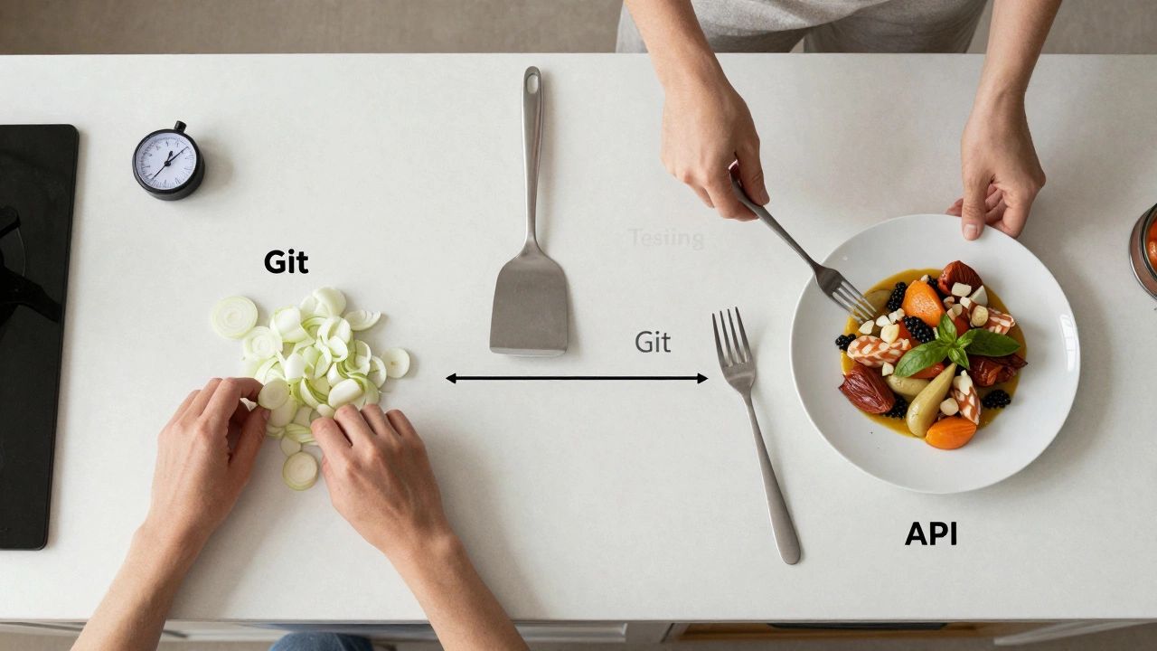 A kitchen counter showing chopped onions (coding) transforming into a plated meal (programming).