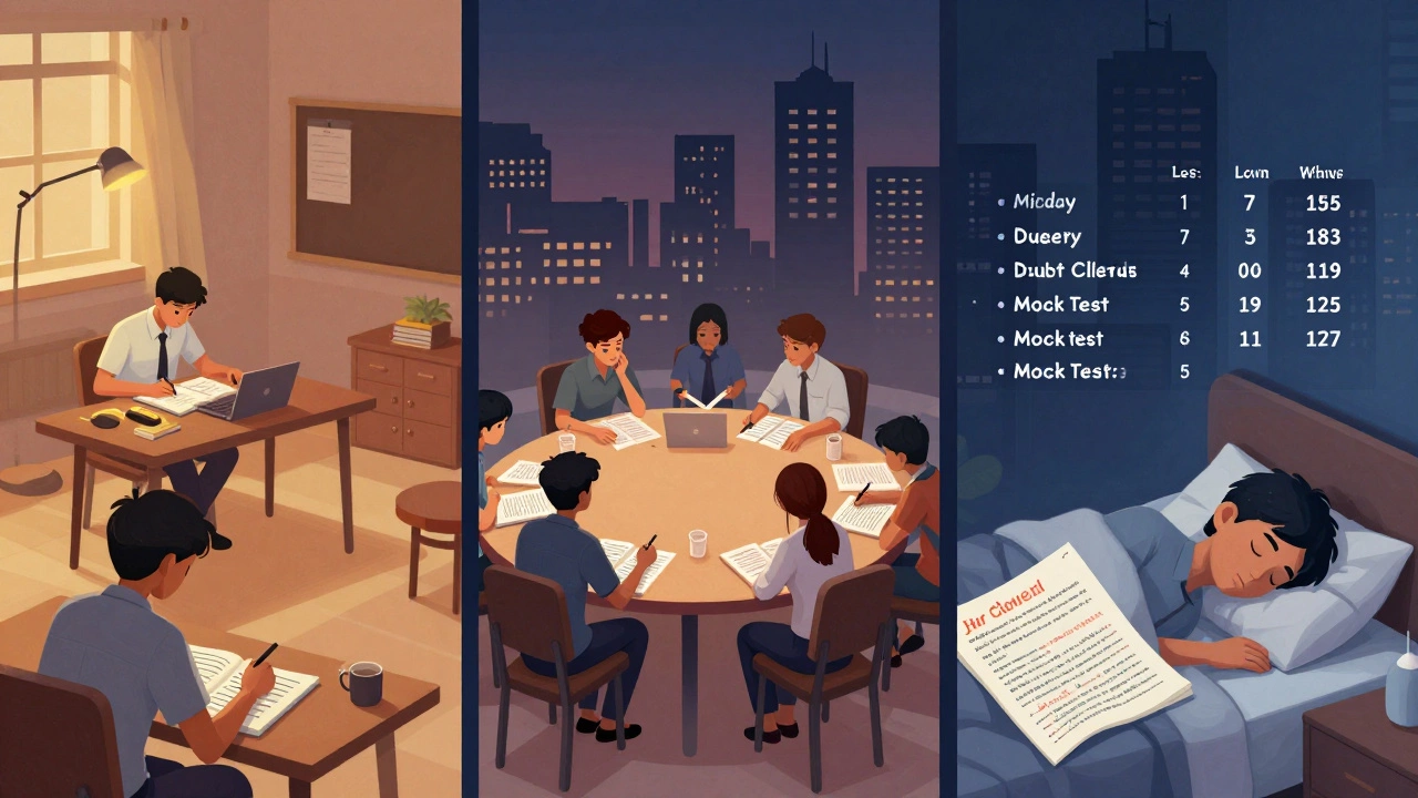 A student's daily routine at a residential JEE coaching school, shown in a split-panel visual with study, testing, and rest moments.