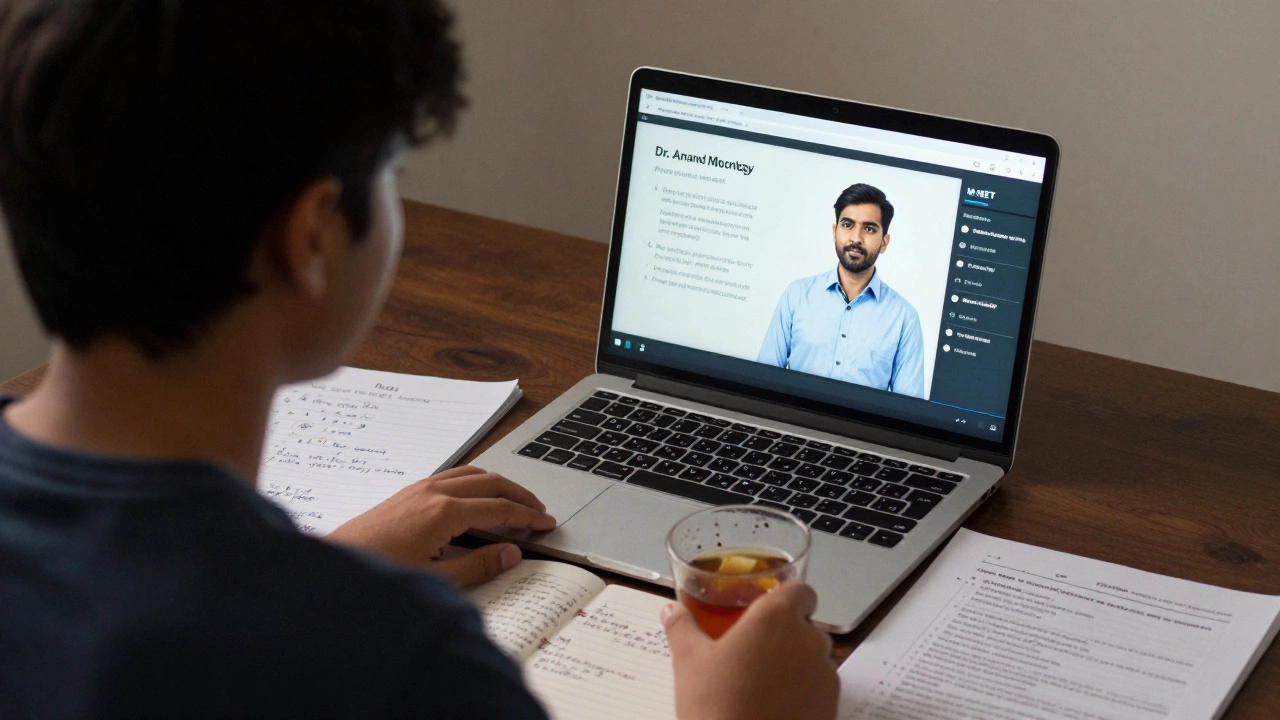 A student watching a live NEET biology class on a laptop at home, with notes and a tea cup nearby.