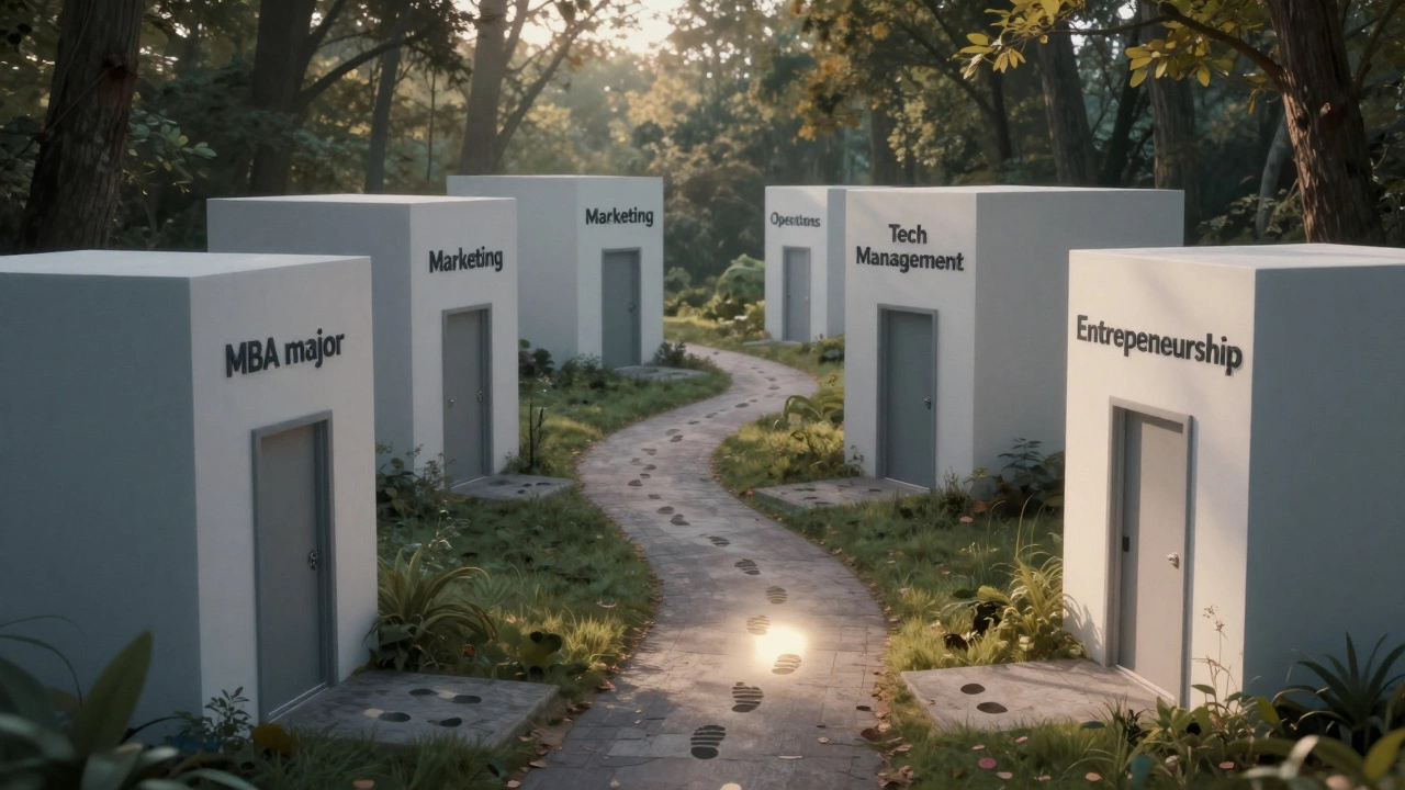 A symbolic path through corporate buildings labeled with MBA majors, one glowing trail indicating personal choice.