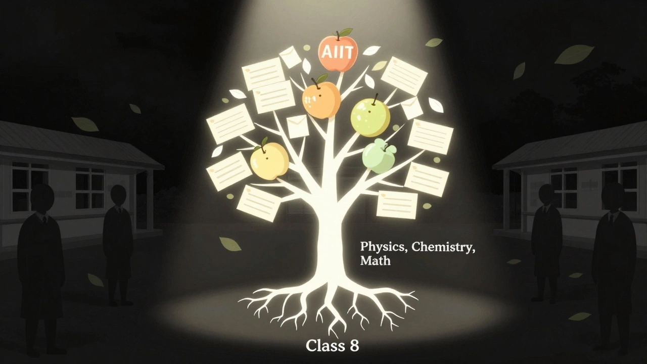 A symbolic tree with IIT admission letters as fruits, representing an integrated JEE preparation system from Class 8.