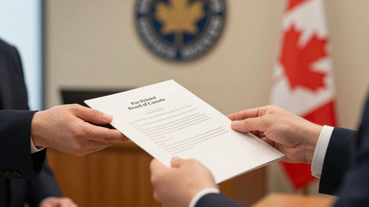 Hands exchanging documents for record suspension at Parole Board office