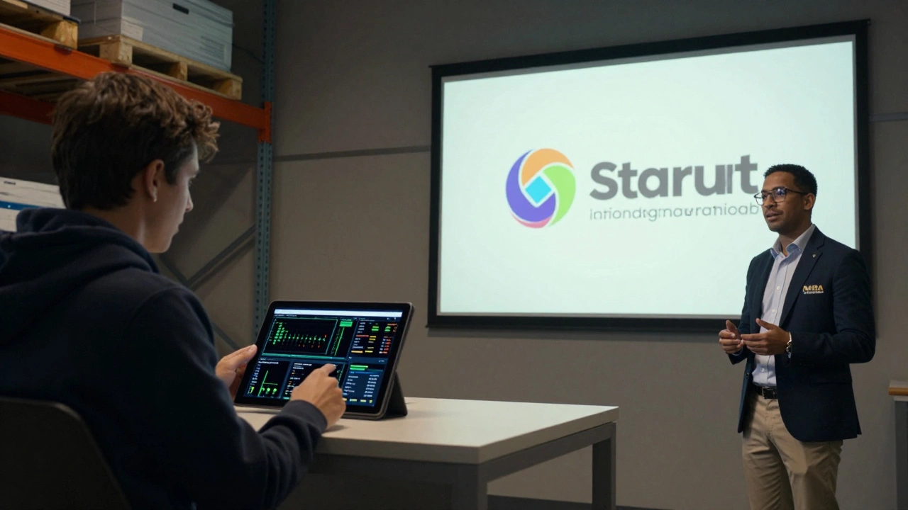 Two MBA students in identical jackets, one analyzing warehouse data, the other pitching to investors.