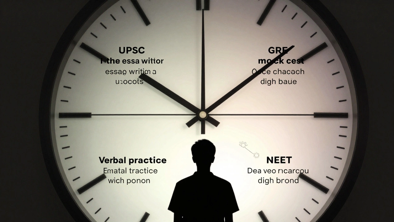 A clock with four exam types at their optimal study times, a student at the center under shifting light.