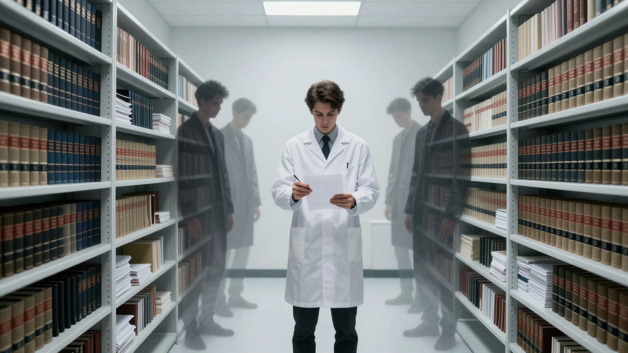 A doctor standing alone before a blank exam sheet, surrounded by ghostly shadows of past failures.