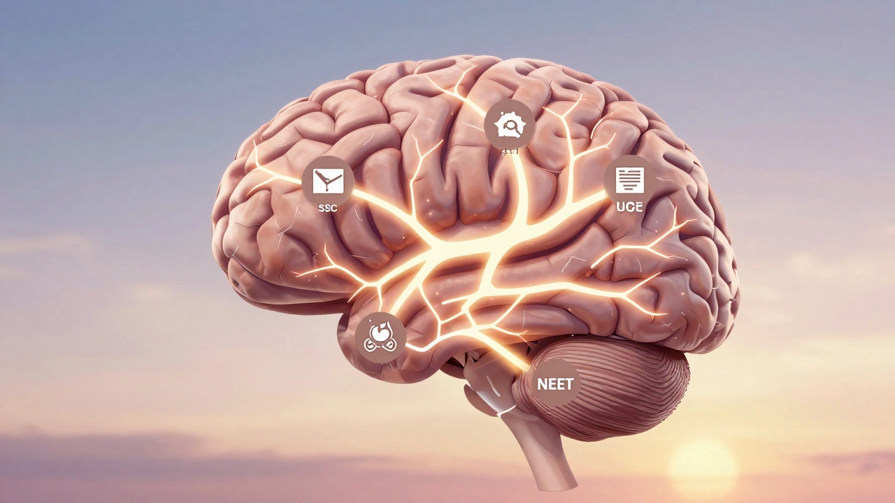 A glowing brain with exam symbols lighting up during peak cognitive hours from 7 a.m. to 11 a.m.