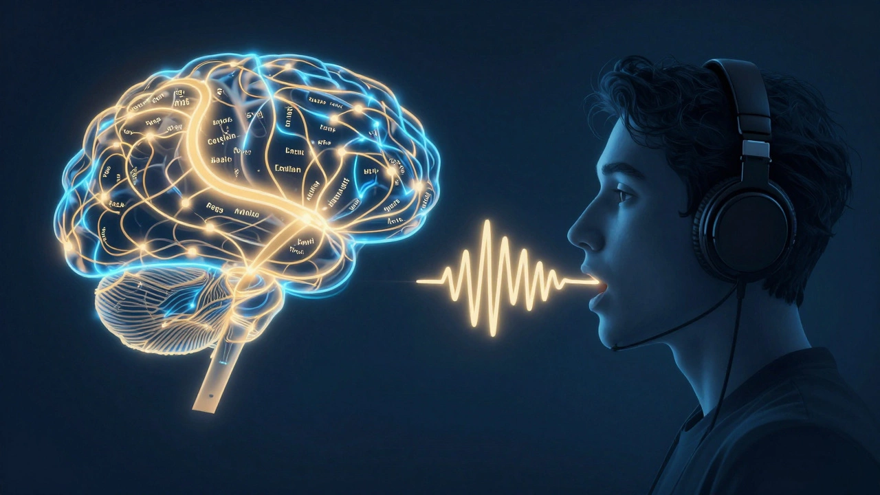 A glowing brain with neural pathways shifting from native language to fluent English while shadowing audio.