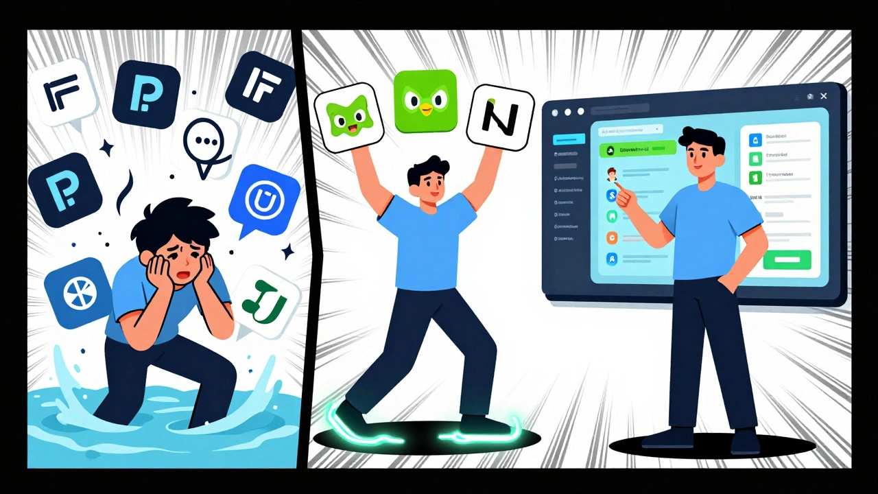 A person choosing three e-learning platforms amid floating options, walking toward a personalized digital learning dashboard.