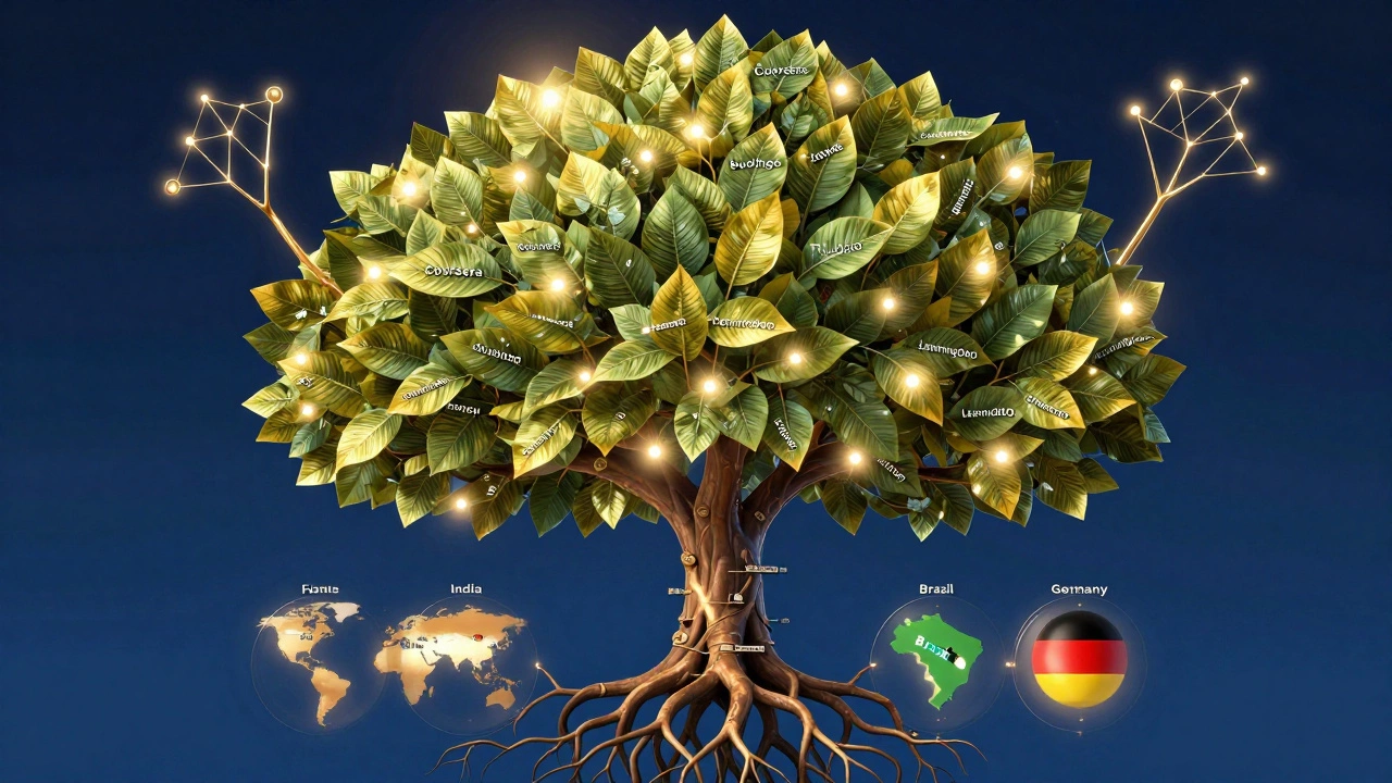 A tree with over 1,200 glowing leaves, each representing a different e-learning platform, growing from regional roots.