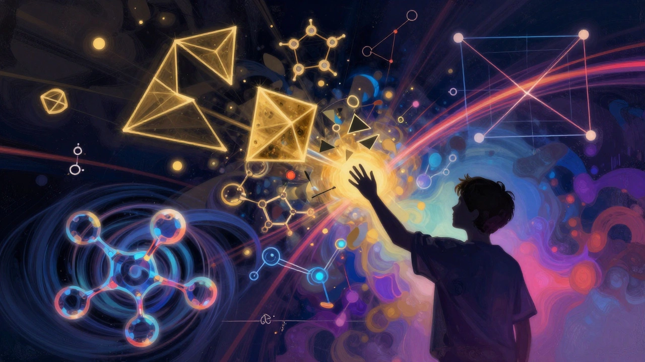 Abstract illustration blending math shapes, chemistry molecules, and physics mechanics