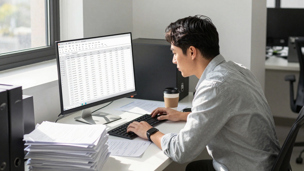 Accountant working with an automated spreadsheet dashboard that pulls in bank data to reduce manual work.