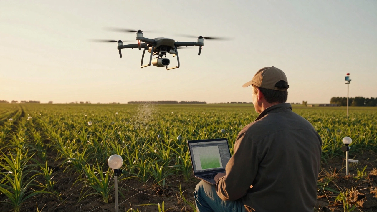 Farmer analyzing crop data from a drone and soil sensors on a laptop during sunrise on a prairie farm.