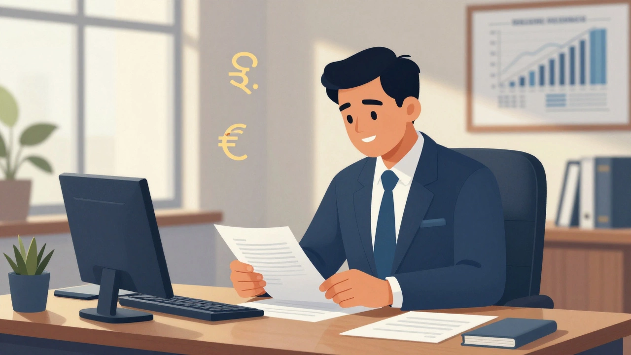 Financial officer reviewing documents in modern government office