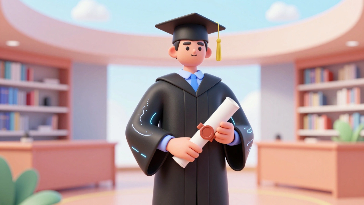 Graduate with digital fiber details on gown holding blank diploma
