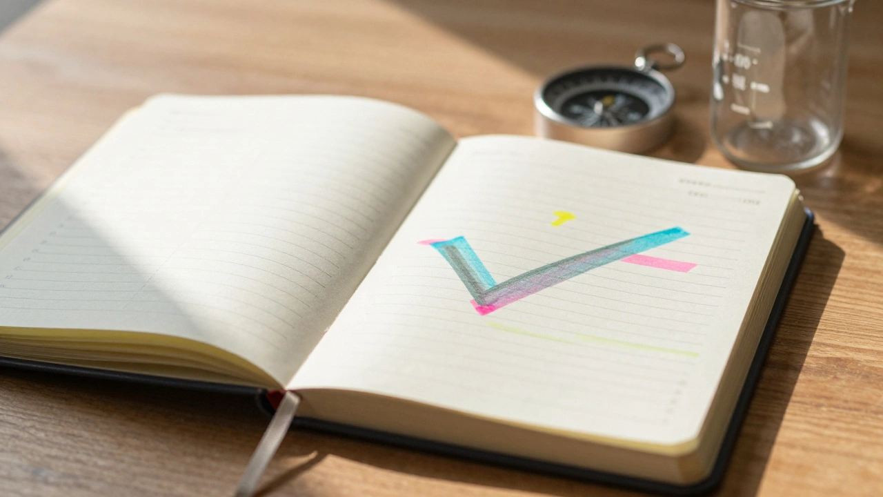 Open planner with highlighter marks and study tools under sunlight